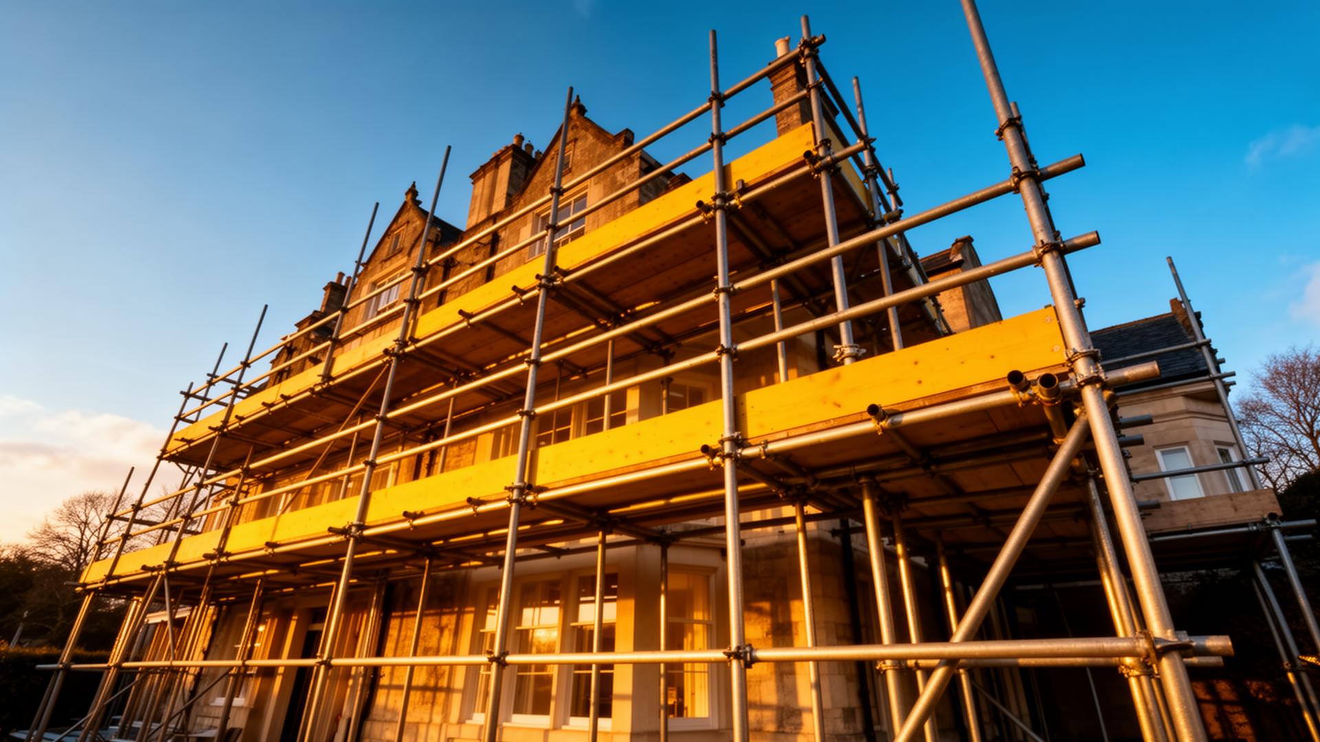 Scaffolding erected on a Kent home at golden hour